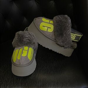 UGG Charcoal and Neon Yellow Fur Platform Slides Brand New‼️ Without Box